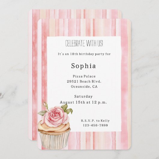 Hübsch Rosa Rose Blumenkuchen Geburtstag Einladung (Vorne/Hinten)