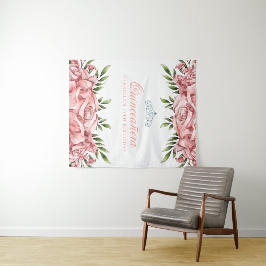 Hübsch rosa Rose| Hintergrund der Quinceanera Wandteppich (Beispiel (Horizontal))