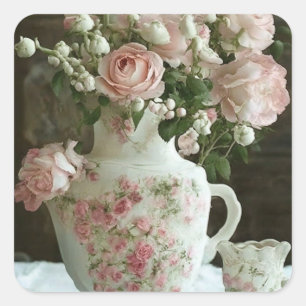 Hübsch rosa Rosen im Vintag antiken China Teapot Quadratischer Aufkleber