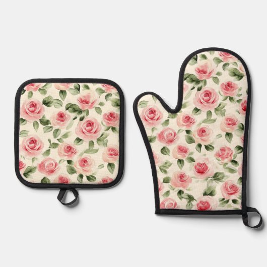 Hübsch rosa Rosen Ofenhandschuh & Topflappen-Set (Vorderseite)