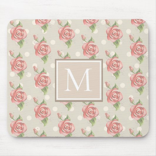Hübsch-rosa Rosen und Dots Monogramm Mousepad (Vorne)