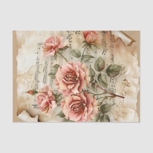 Hübsch rosa Rosen Vintages Notenblatt Ephemere Seidenpapier (Vorderseite)