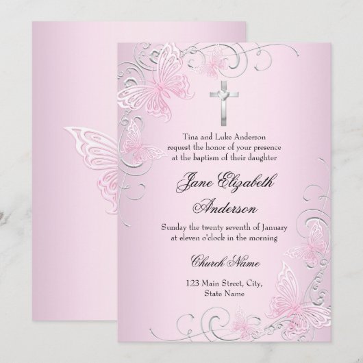 Hübsch rosa Schmetterling und Kreuztaufe laden Einladung (Vorne/Hinten)