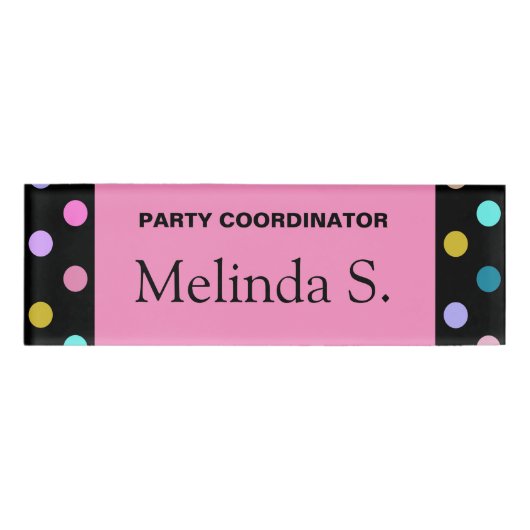 Hübsch-rosa-schwarze Konfetti-Punkte Party-Namenss Namenschild (Vorderseite)