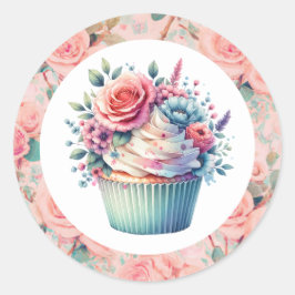Hübsch rosa Shabby Chic Floral Geburtstag Cupcake Runder Aufkleber