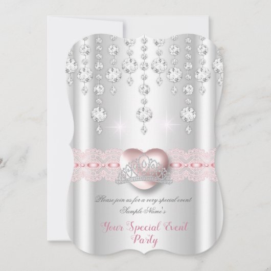 Hübsch rosa Silberherz Diamond Tiara Jedes Party Einladung (Vorderseite)