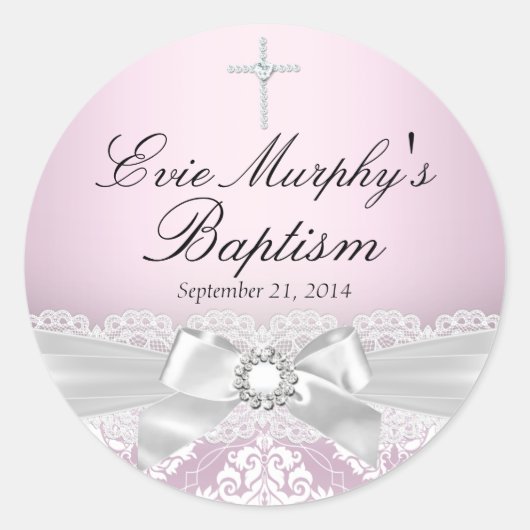 Hübsch-rosa-silberne Damaske & Bow-Taufkleber Runder Aufkleber (Vorderseite)