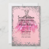 Hübsch rosa Silver Glitzer Party Kleid Sweet 16 Einladung (Vorderseite)