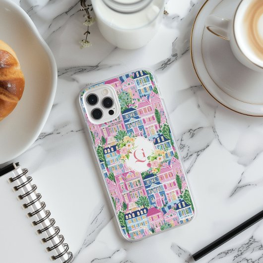 Hübsch rosa Stadt | Floral Initial Monogramm Case-Mate iPhone Hülle