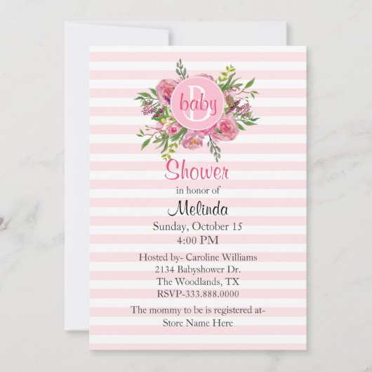 Hübsch rosa Stripte Kinderdusche Einladung (Vorderseite)