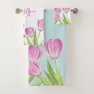 Hübsch rosa Tulips Spring Elegantes florales Mono Badhandtuch Set