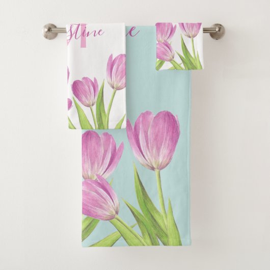 Hübsch rosa Tulips Spring Elegantes florales Monog Badhandtuch Set (Insitu)