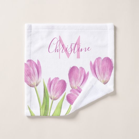 Hübsch rosa Tulips Spring Elegantes florales Monog Badhandtuch Set (Waschlappen)