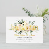 Hübsch | Rosa und goldenes Taufen Foto Folieneinladung (Stehend vorne)