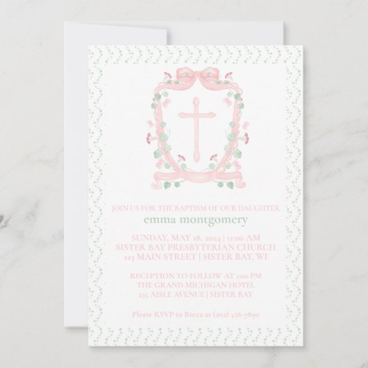 Hübsch rosa Wappen und Kreuz | Blumentaufen Einladung (Vorderseite)