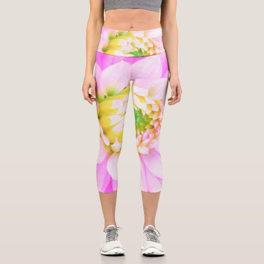 Hübsch rosa, weiß und gelb Kaktus Dahlia Macro Capri Leggings (Vorderseite)