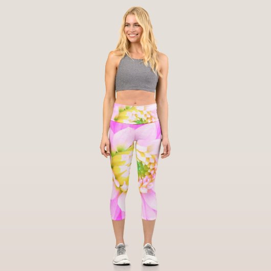 Hübsch rosa, weiß und gelb Kaktus Dahlia Macro Capri Leggings (Vorderseite)