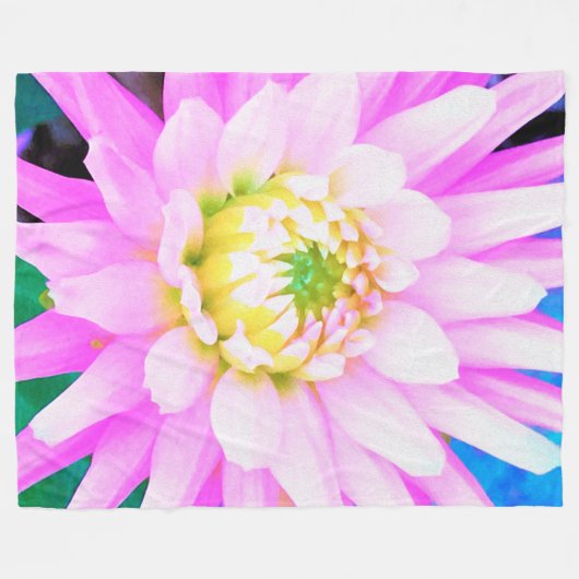 Hübsch rosa, weiß und gelb Kaktus Dahlia Macro Fleecedecke (Vorderseite (Horizontal))