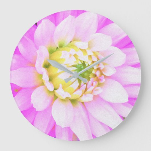Hübsch rosa, weiß und gelb Kaktus Dahlia Macro Große Wanduhr (Vorderseite)