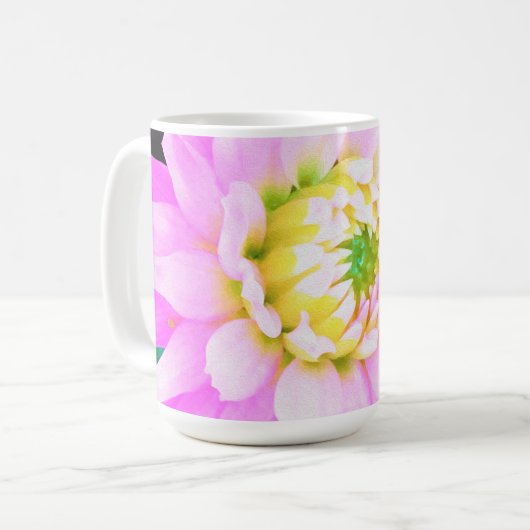 Hübsch rosa, weiß und gelb Kaktus Dahlia Macro Kaffeetasse (Vorderseite Links)