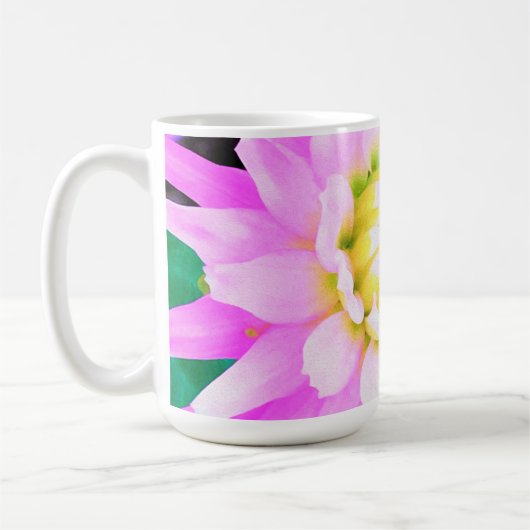 Hübsch rosa, weiß und gelb Kaktus Dahlia Macro Kaffeetasse (Links)