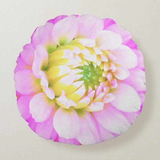 Hübsch rosa, weiß und gelb Kaktus Dahlia Macro Rundes Kissen (Vorderseite)