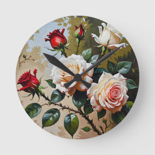 Hübsch rosa weiß und rote Rosen Ölmalerei Runde Wanduhr
