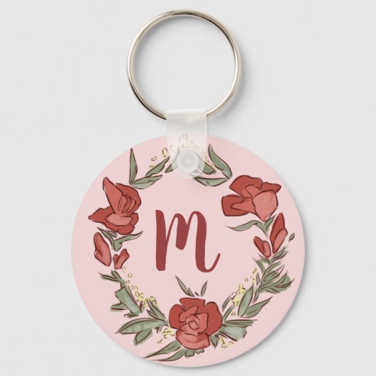 Hübsch Rosenknospe Blossom Wreath Modern Monogram Schlüsselanhänger (Vorderseite)