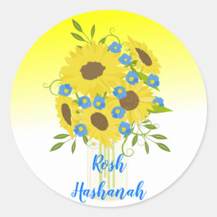 Hübsch Rosh Hashanah Sunflower Vase Runder Aufkleber