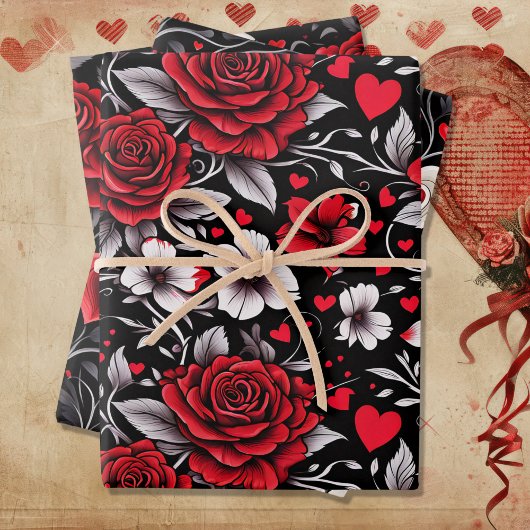 Hübsch, rot, schwarz und weiß Rosen, Herz Geschenkpapier Set
