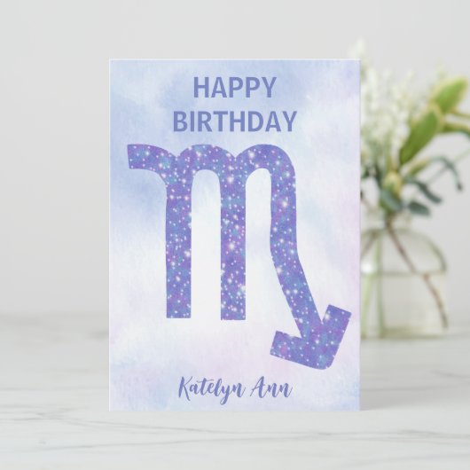 Hübsch Scorpio signieren Custom Lila Happy Geburts Karte (Stehend Vorderseite)