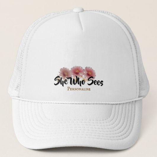 Hübsch sieht sie, wie sie rosafarbene Blume zauber Truckerkappe (Vorderseite)