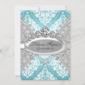 Hübsch Silver Blue Damask & Tiara Quinceanera Einladung (Vorderseite)