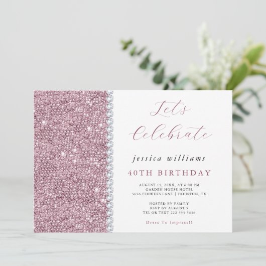 Hübsch Sparkle Sequins & Diamonds Mauve Birthday Einladung (Stehend Vorderseite)