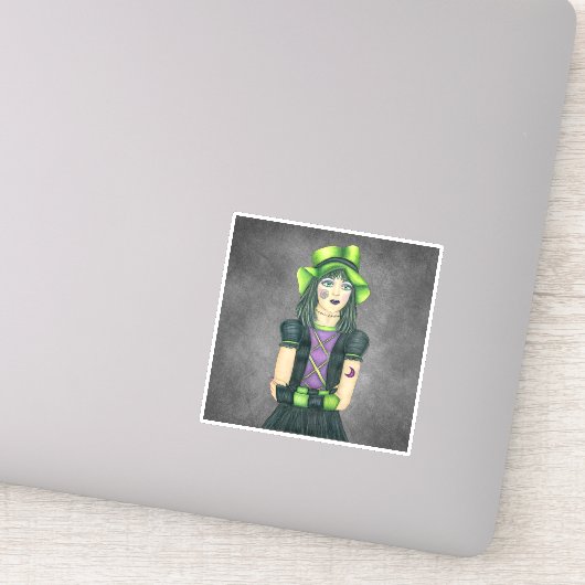 Hübsch Spooky Halloween Girl Green Hat Tattoo Grau Aufkleber (Detail)