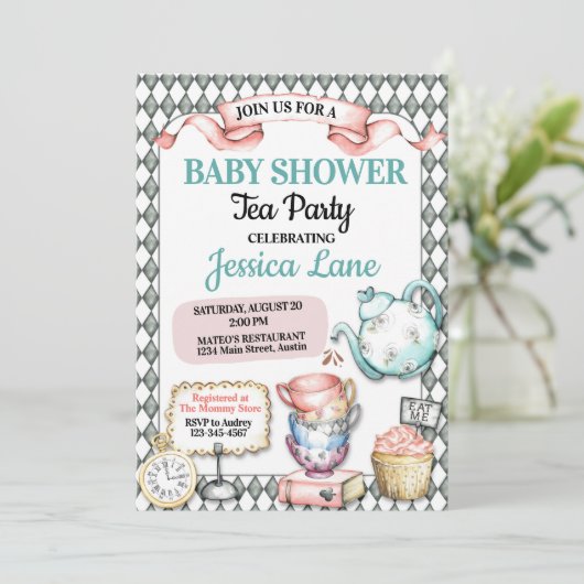 Hübsch Tee-Party Kinderdusche Einladung (Stehend Vorderseite)