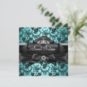 Hübsch Tiara & Bow Aquamarin Sweet 16 Einladung (Stehend Vorderseite)