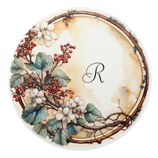 Hübsch Twig Wreath White Blume Red Berries Keramikknauf (Vorderseite)