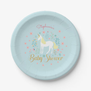 Hübsch Unicorn Aqua Gold Glitzer Baby Dusche Pappteller