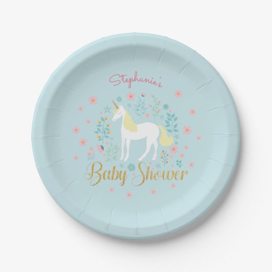 Hübsch Unicorn Aqua Gold Glitzer Baby Dusche Pappteller (Vorderseite)