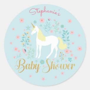 Hübsch Unicorn Aqua Gold Glitzer Baby Dusche Runder Aufkleber