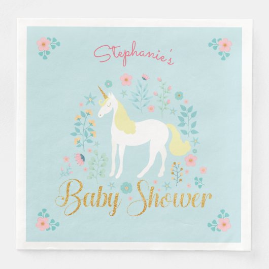 Hübsch Unicorn Aqua Gold Glitzer Baby Dusche Serviette (Vorderseite)