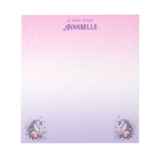 Hübsch Unicorn Ombre Lila Girls Name Stationery Notizblock (Vorderseite)