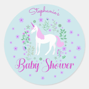 Hübsch Unicorn Pink Aqua Baby Dusche Personalisier Runder Aufkleber