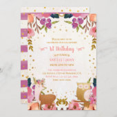 Hübsch verzauberte Waldtiere 1. Geburtstag Einladung (Vorne/Hinten)