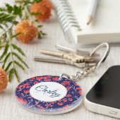 Hübsch Vibranly Red Blue Floral Personalisiert Schlüsselanhänger (Vorderseite rechts)