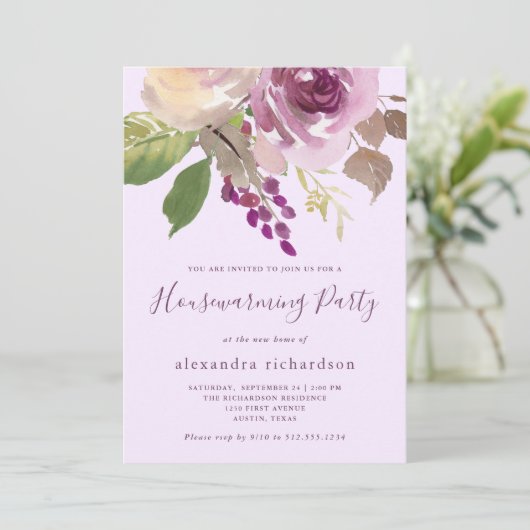 Hübsch-violette Blumen | Party für die Haushaltser Einladung (Stehend Vorderseite)