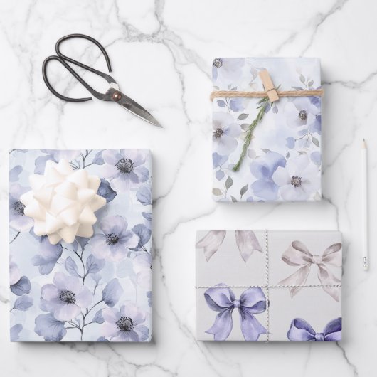 Hübsch-violette Blumen und Bogen Geschenkpapier Set (Vorderseite)