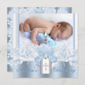 Hübsch White Cross Baby Blue Christening Einladung (Vorne/Hinten)