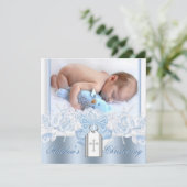 Hübsch White Cross Baby Blue Christening Einladung (Stehend Vorderseite)